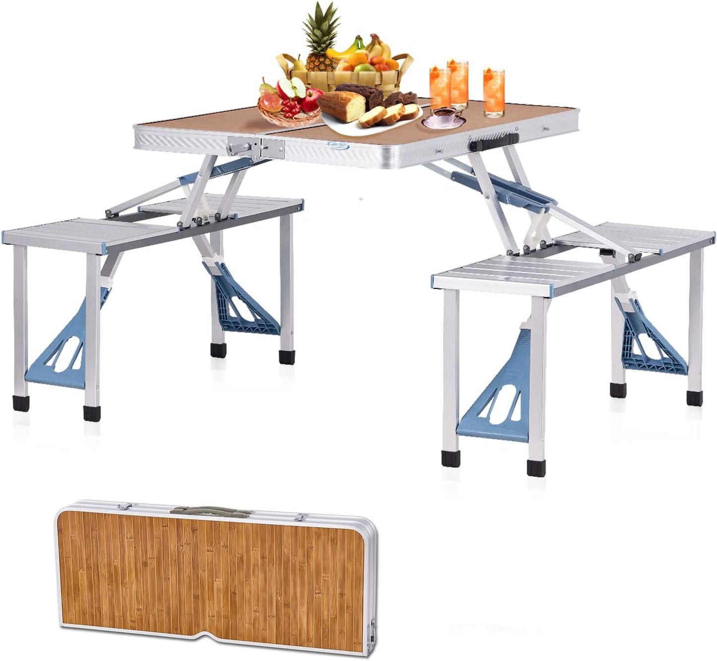 Silver Bamboo Aluminum Folding Picnic Table For 4 People