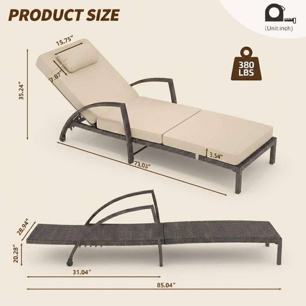 Beige 2-Pack PE Wicker Adjustable Patio Chaise Lounge