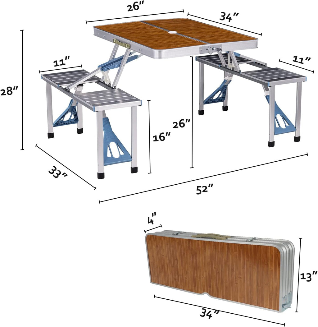 Silver Bamboo Aluminum Folding Picnic Table For 4 People