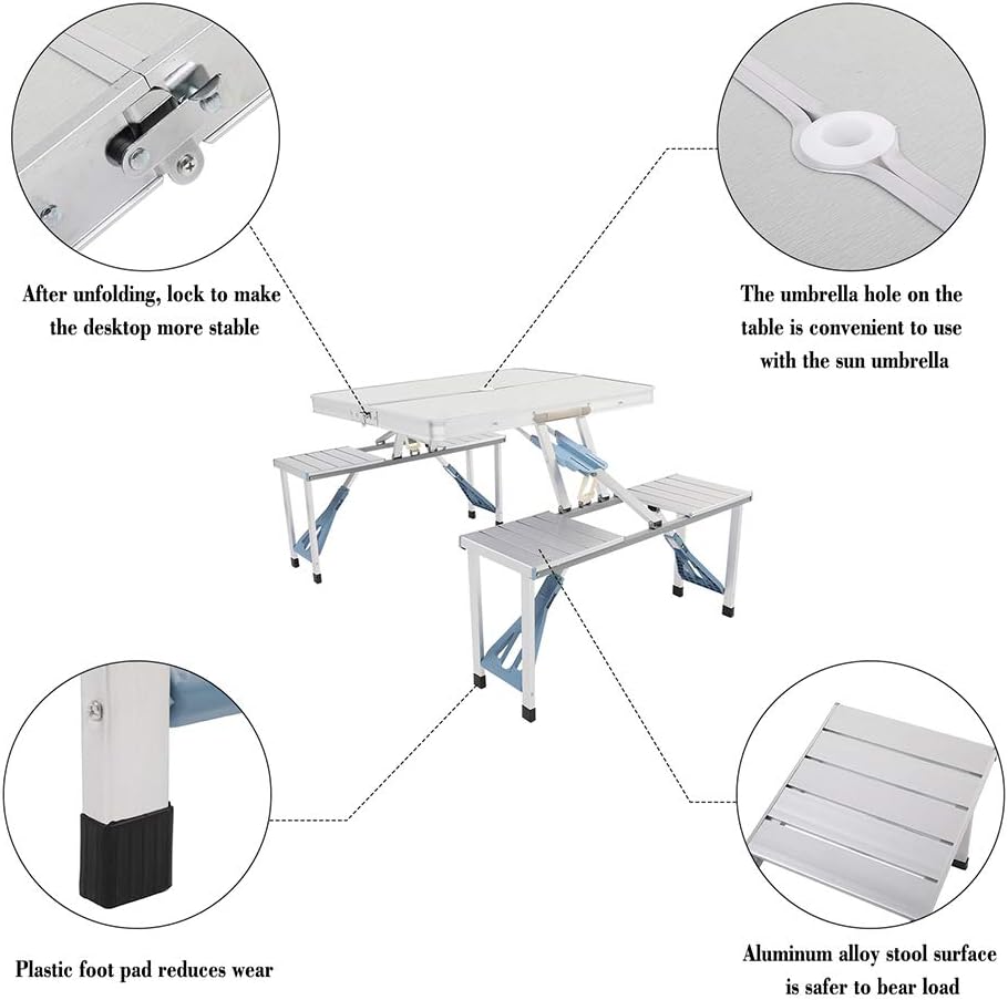 4FT Aluminum Folding Picnic Table With Umbrella Hole