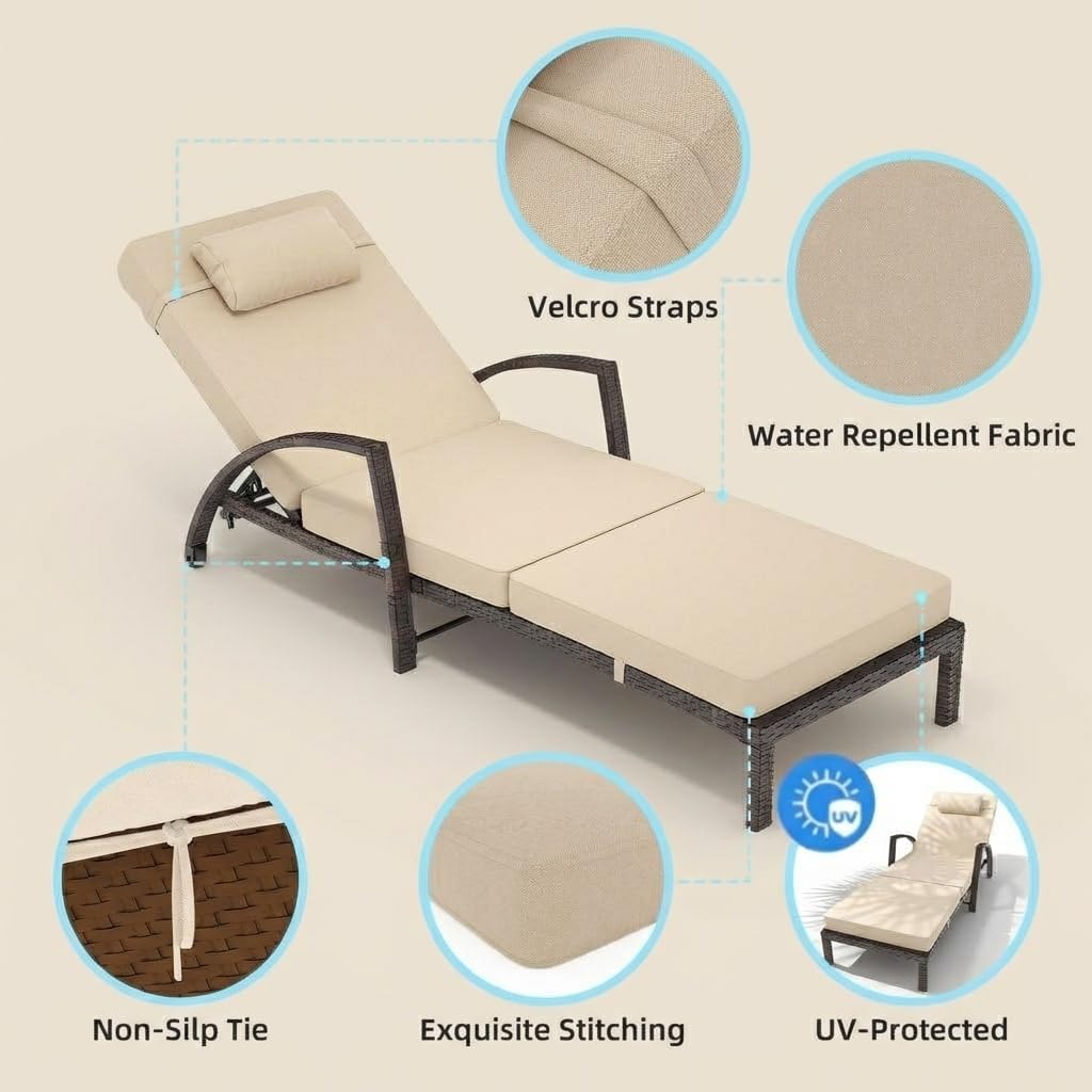 Beige 2-Pack PE Wicker Adjustable Patio Chaise Lounge