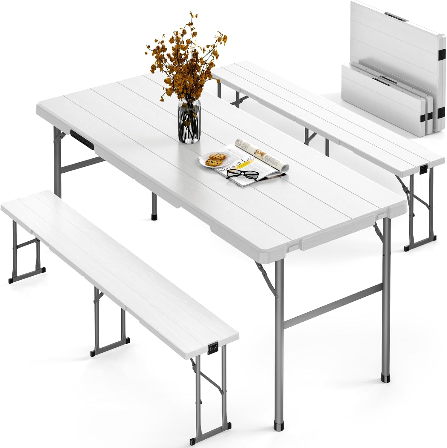 White 6FT Folding Picnic Table Bench Set