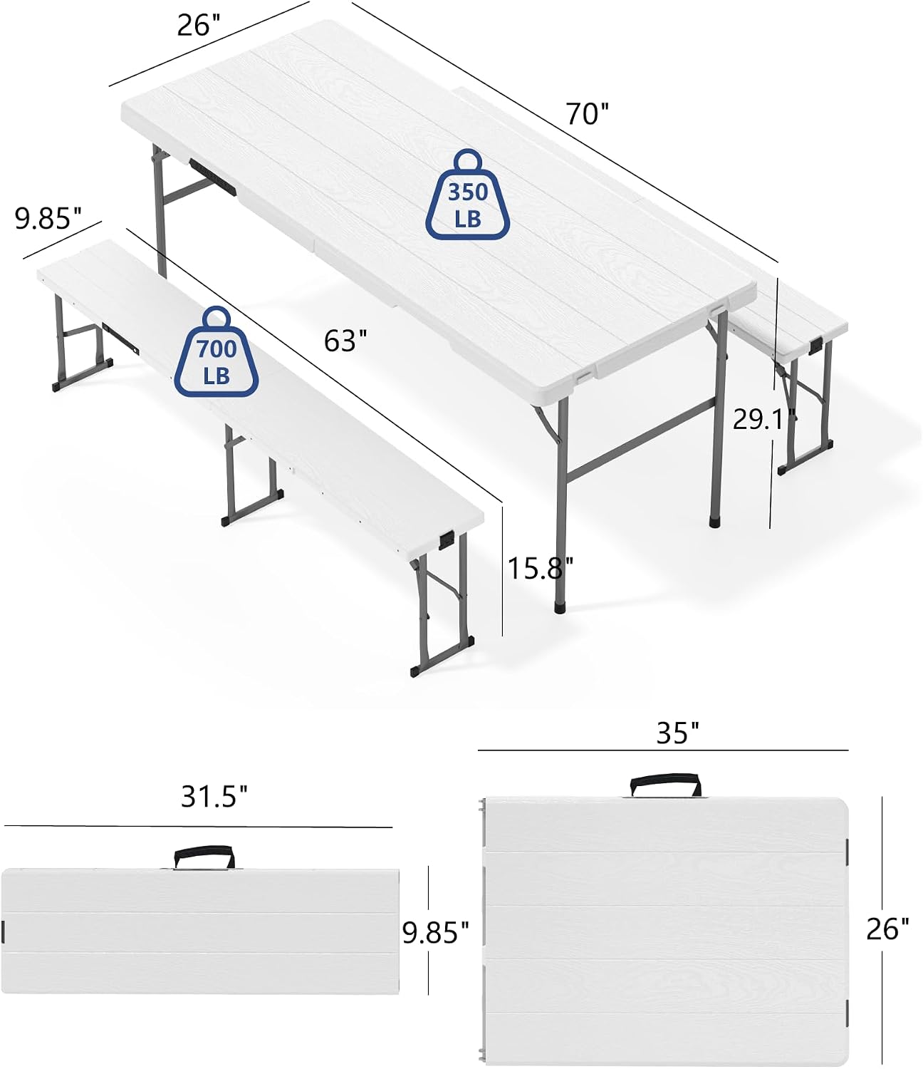 White 6FT Folding Picnic Table Bench Set