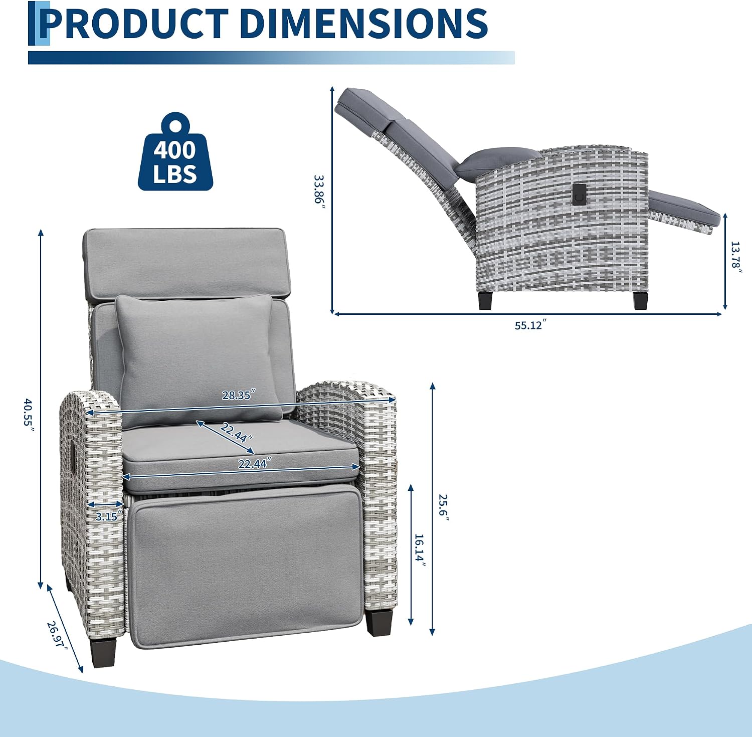 Gray PE Rattan Adjustable Patio Recliner With Flip Side Table