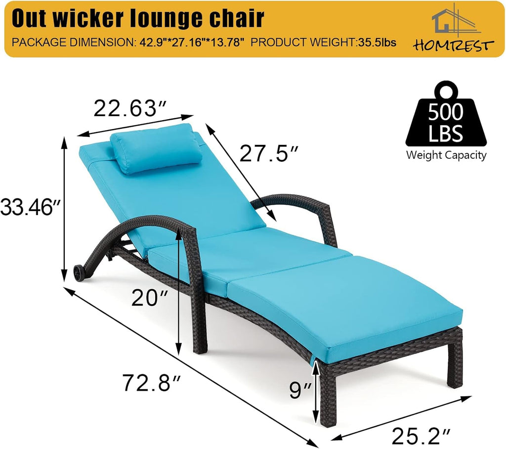 Blue 2-Pack PE Rattan Adjustable Outdoor Chaise Lounge