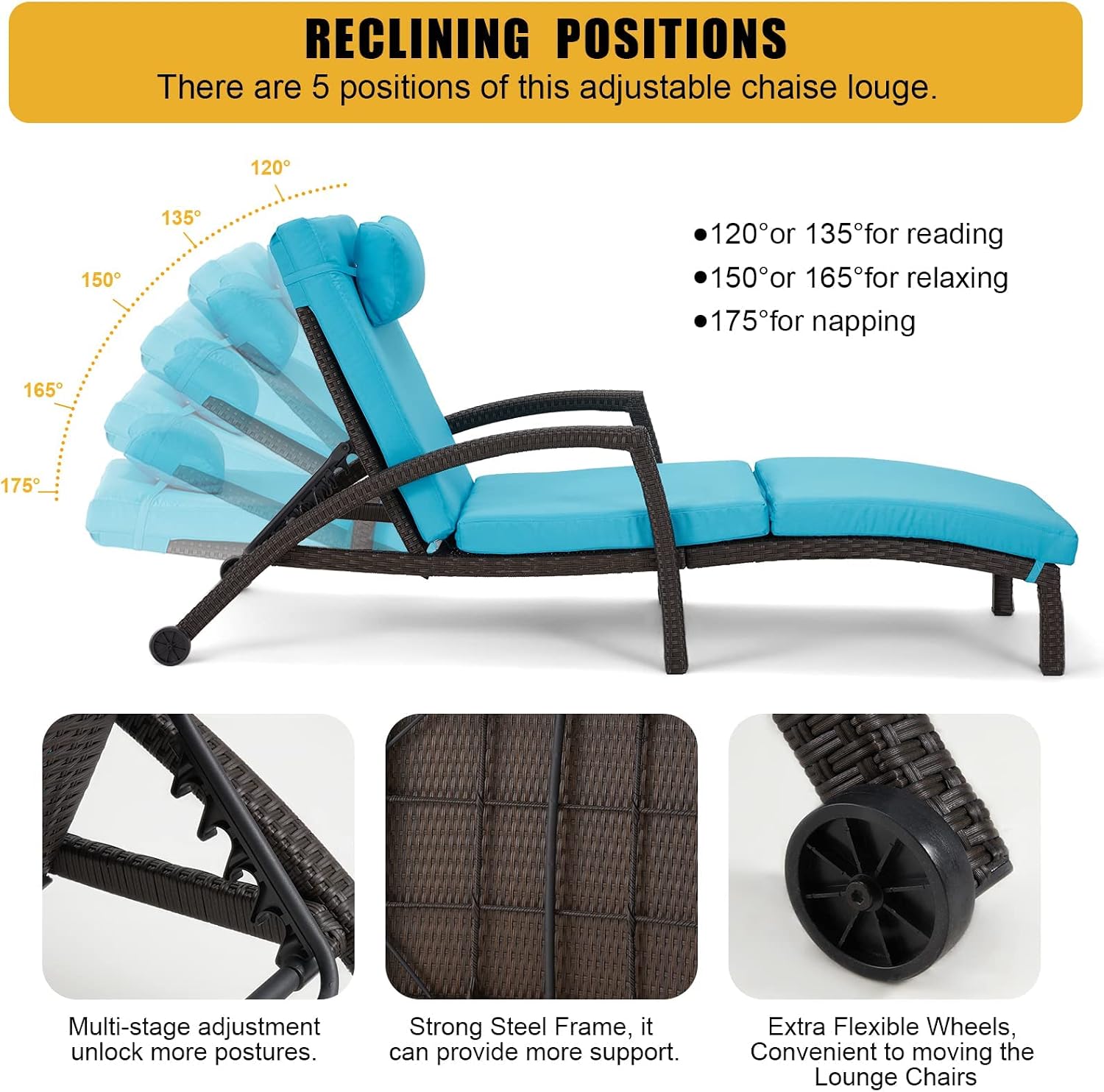 Blue 2-Pack PE Rattan Adjustable Outdoor Chaise Lounge
