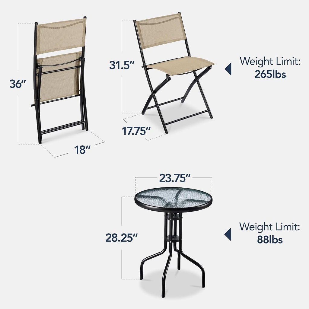 Beige Steel Folding 3pc Patio Bistro Set