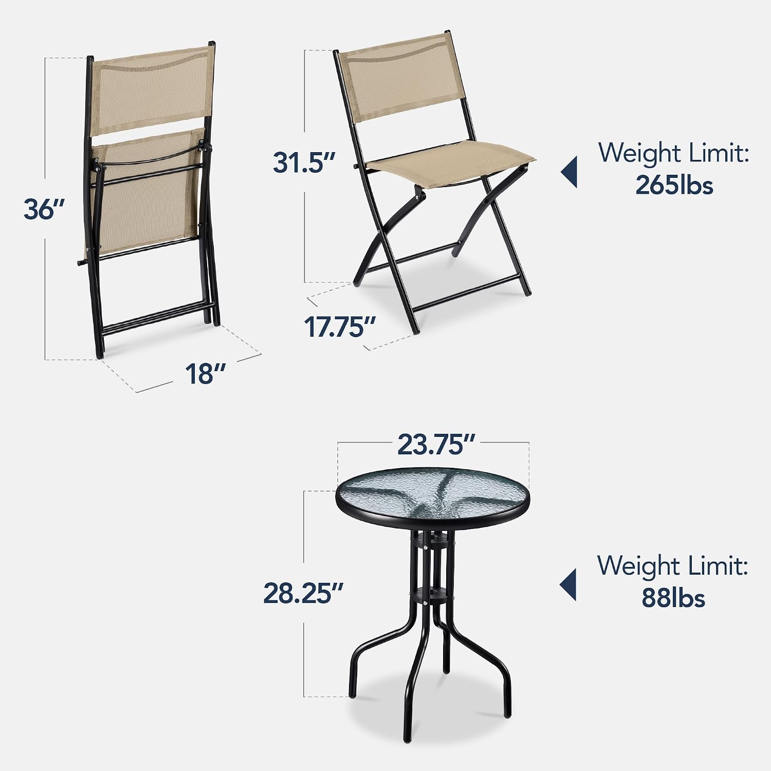 Beige Steel Folding 3pc Patio Bistro Set