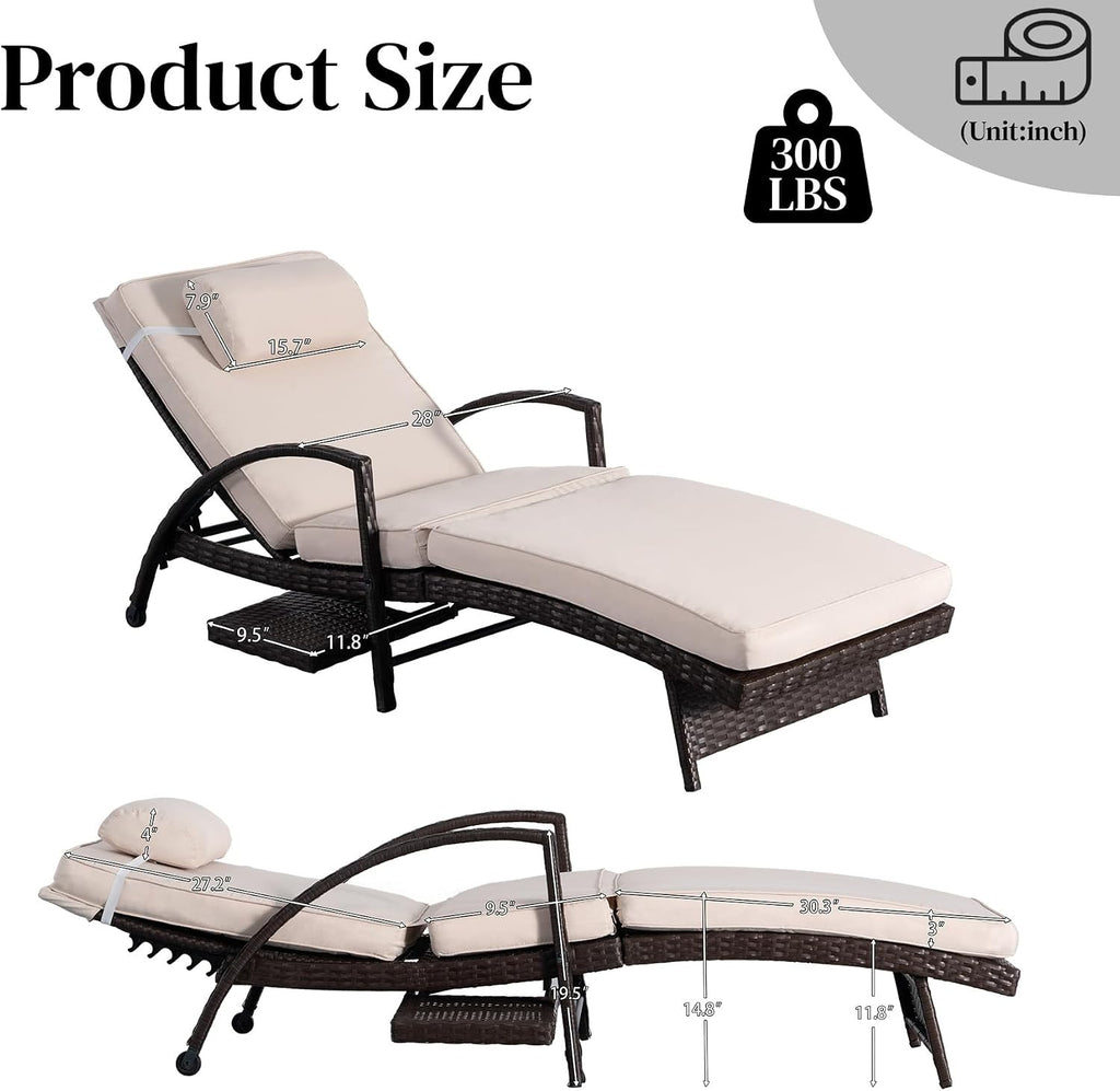 2pc Beige Wicker Chaise Lounge With Side Table
