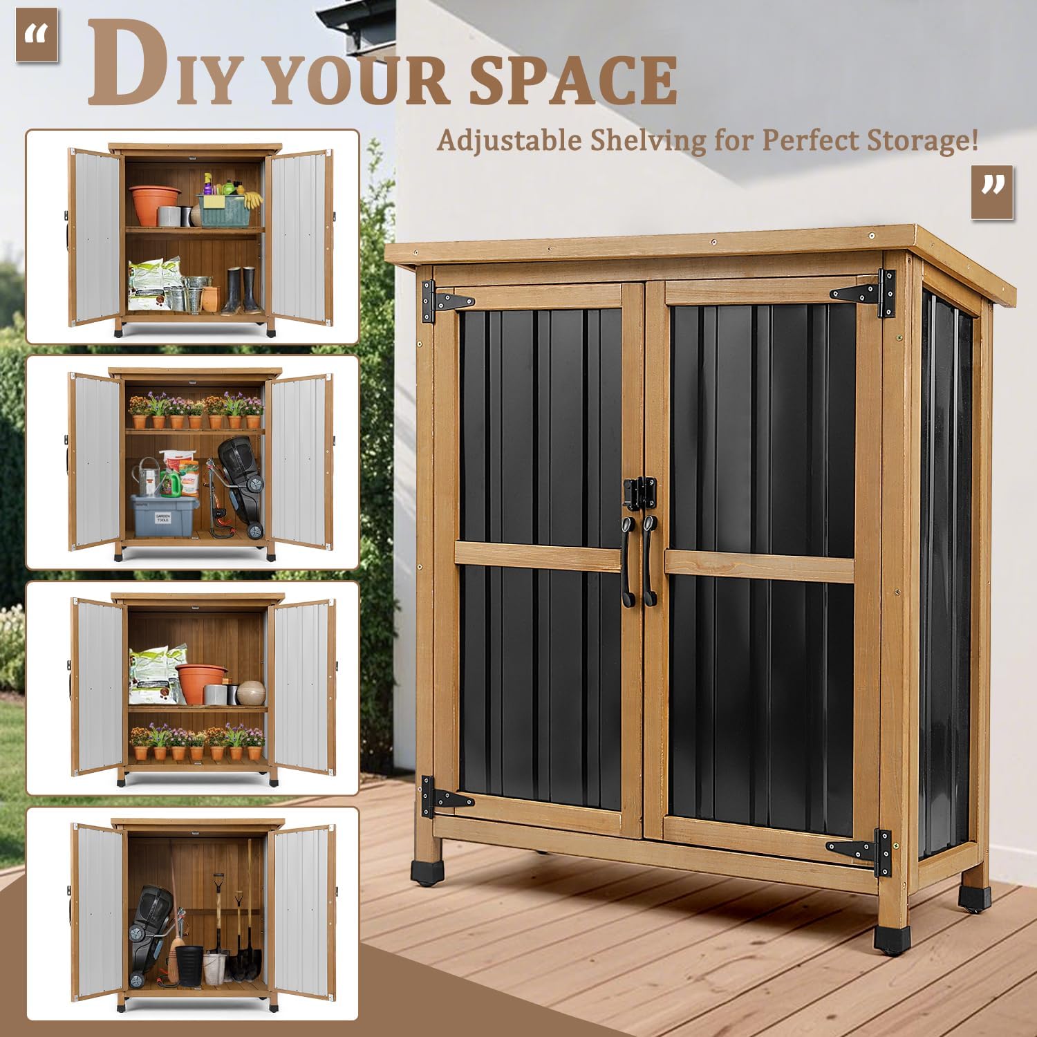 Wood Metal Lockable Outdoor Storage Cabinet