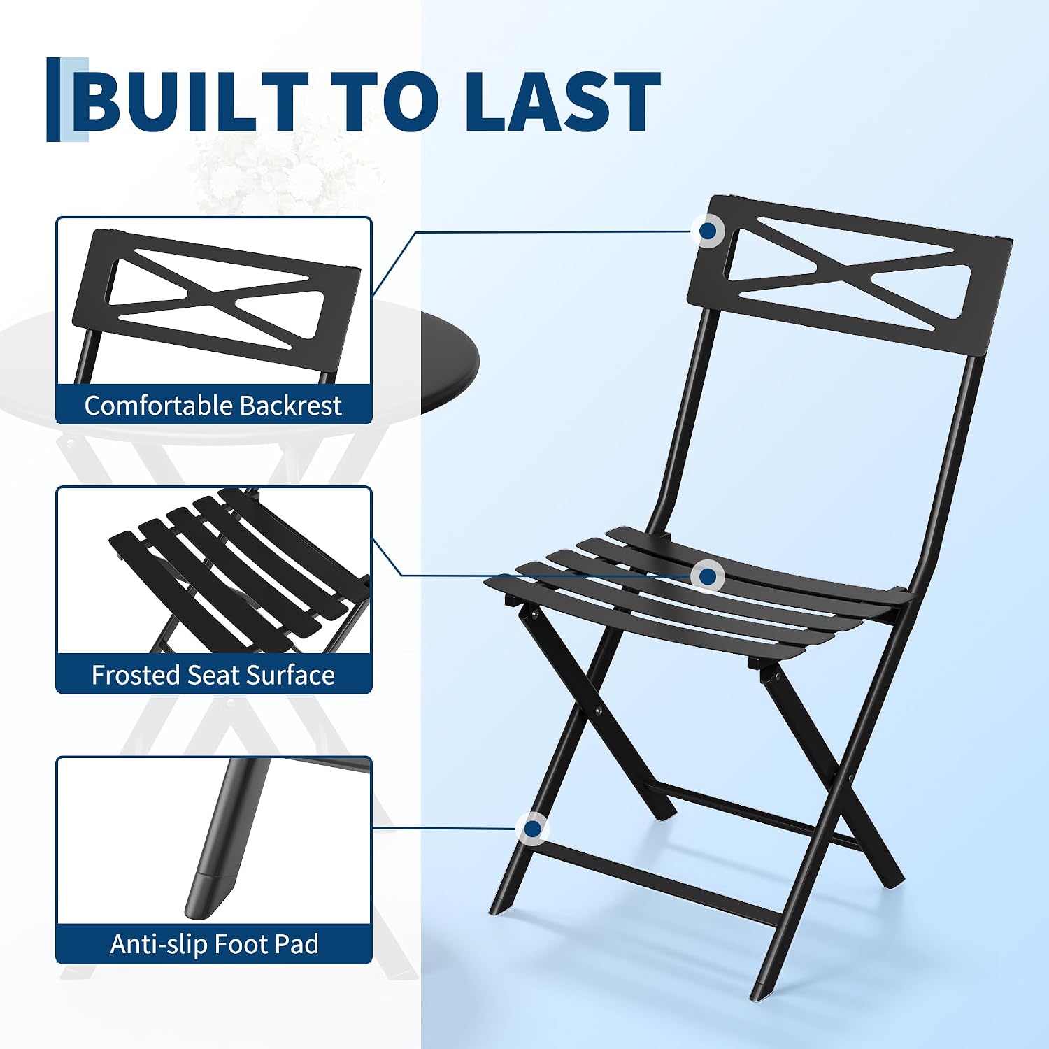Black Foldable Iron 3pc Patio Bistro Set
