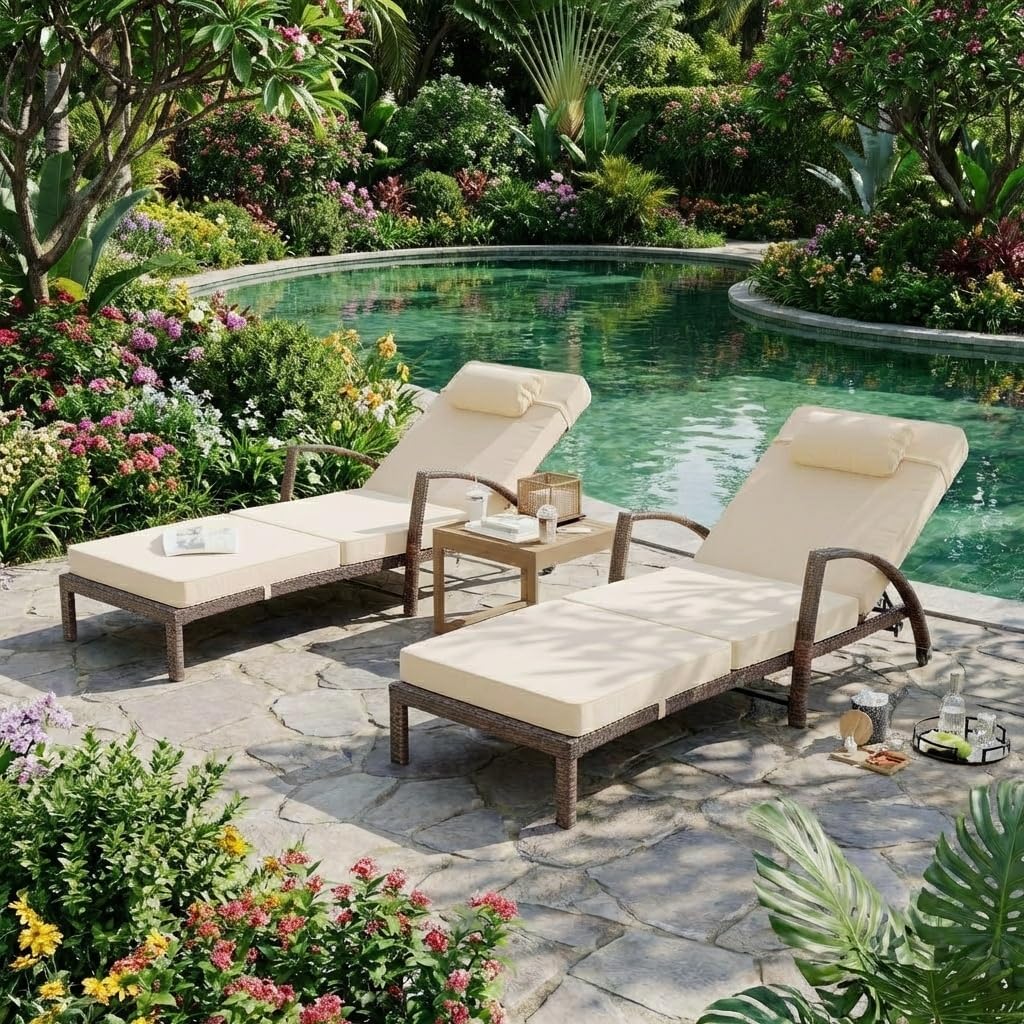 Beige 2-Pack PE Wicker Adjustable Patio Chaise Lounge
