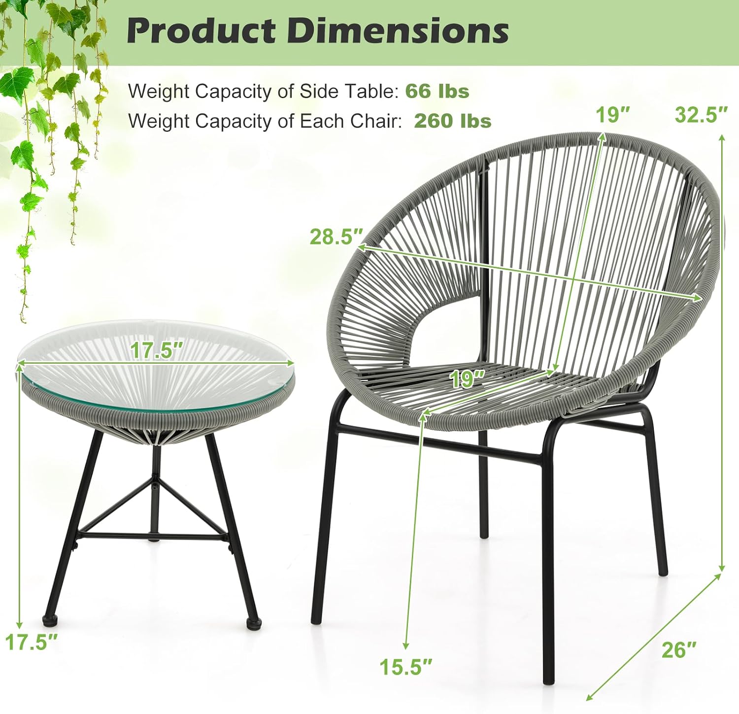 Grey 3pc Rope Patio Bistro Set