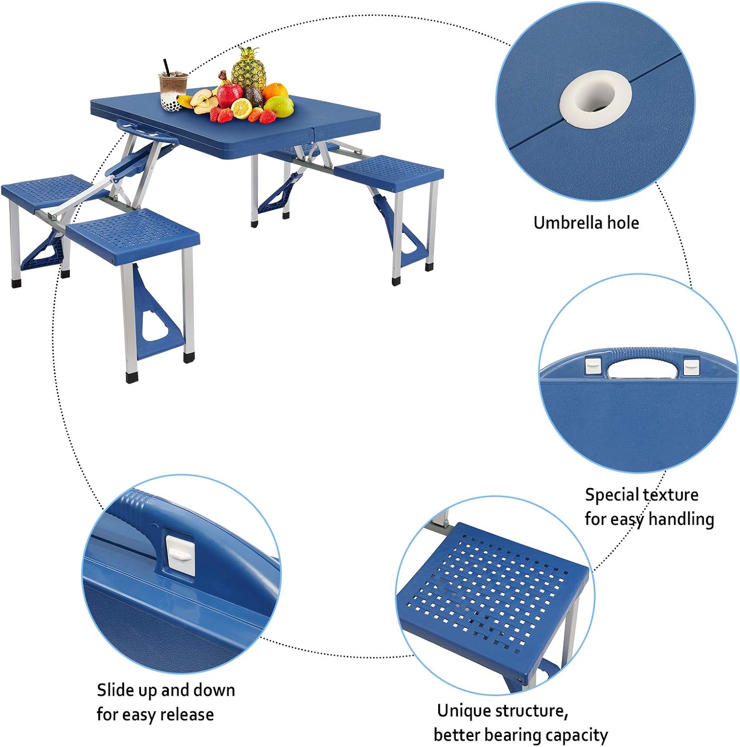 Blue Aluminum Portable Folding Picnic Table Set