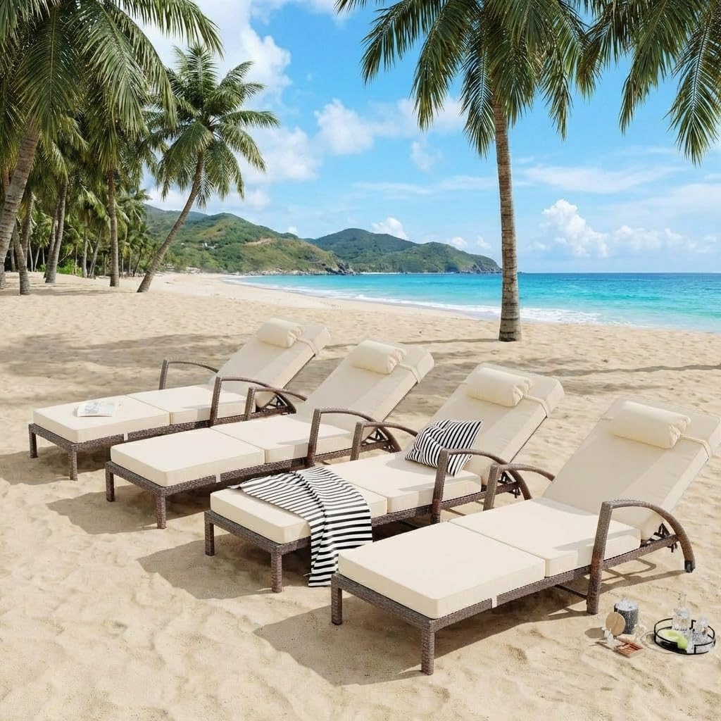 Beige 2-Pack PE Wicker Adjustable Patio Chaise Lounge