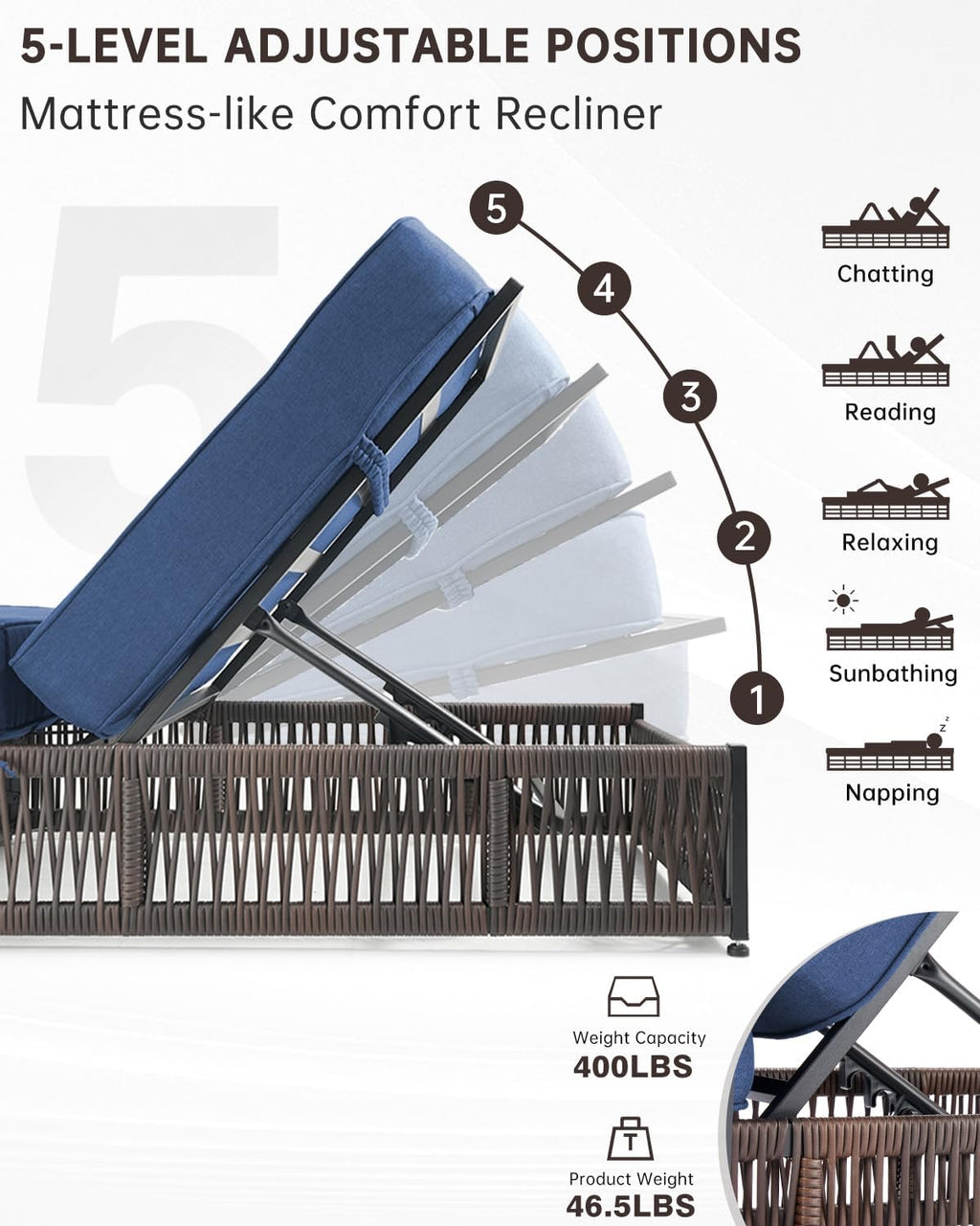Brown Rattan Chaise Lounge With Navy Thick Cushions