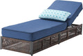Brown Rattan Chaise Lounge With Navy Thick Cushions