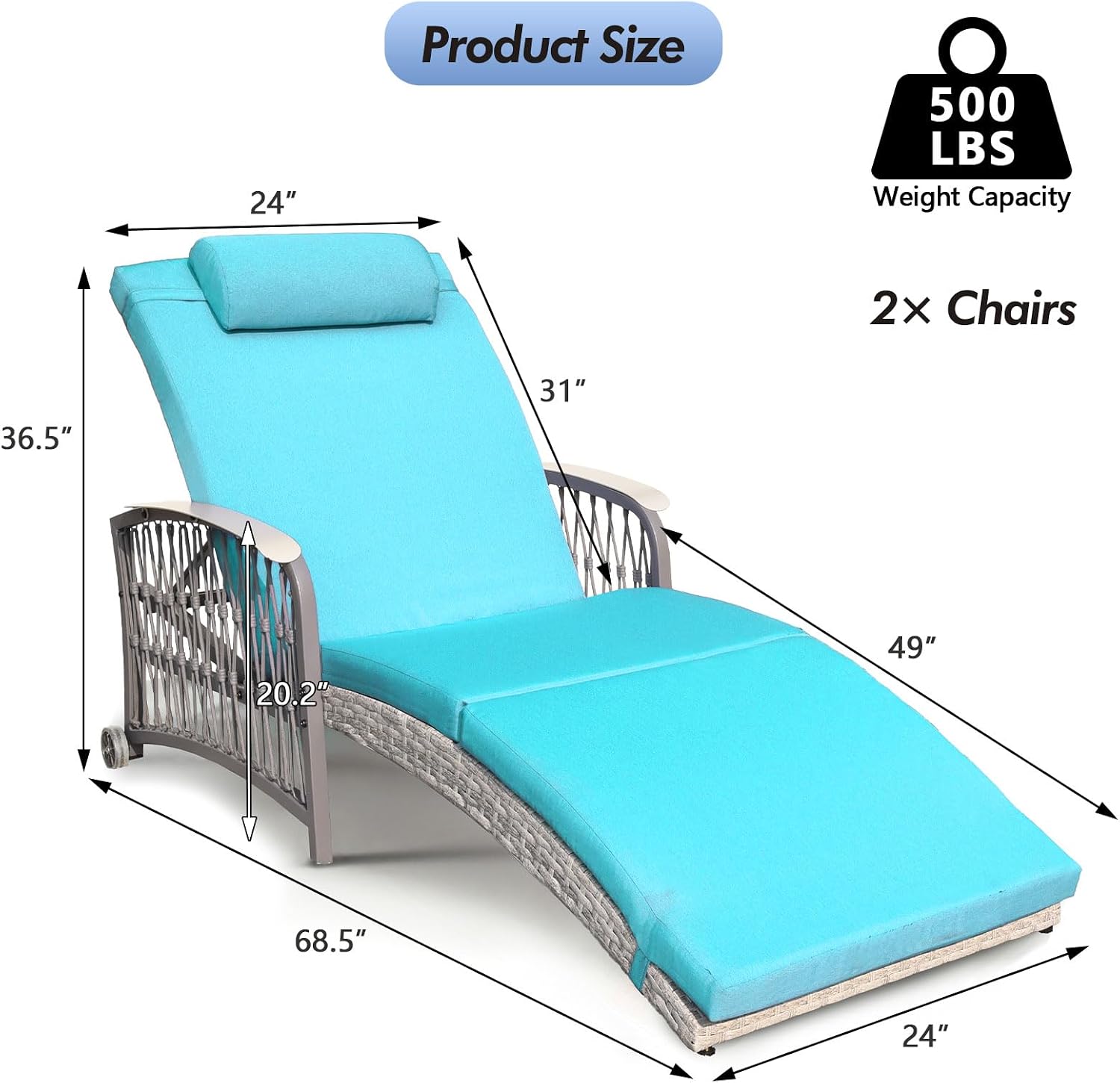 2pc Wicker Chaise Lounge With Wheels Cushions