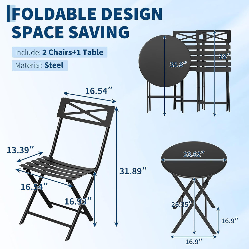Black Foldable Iron 3pc Patio Bistro Set