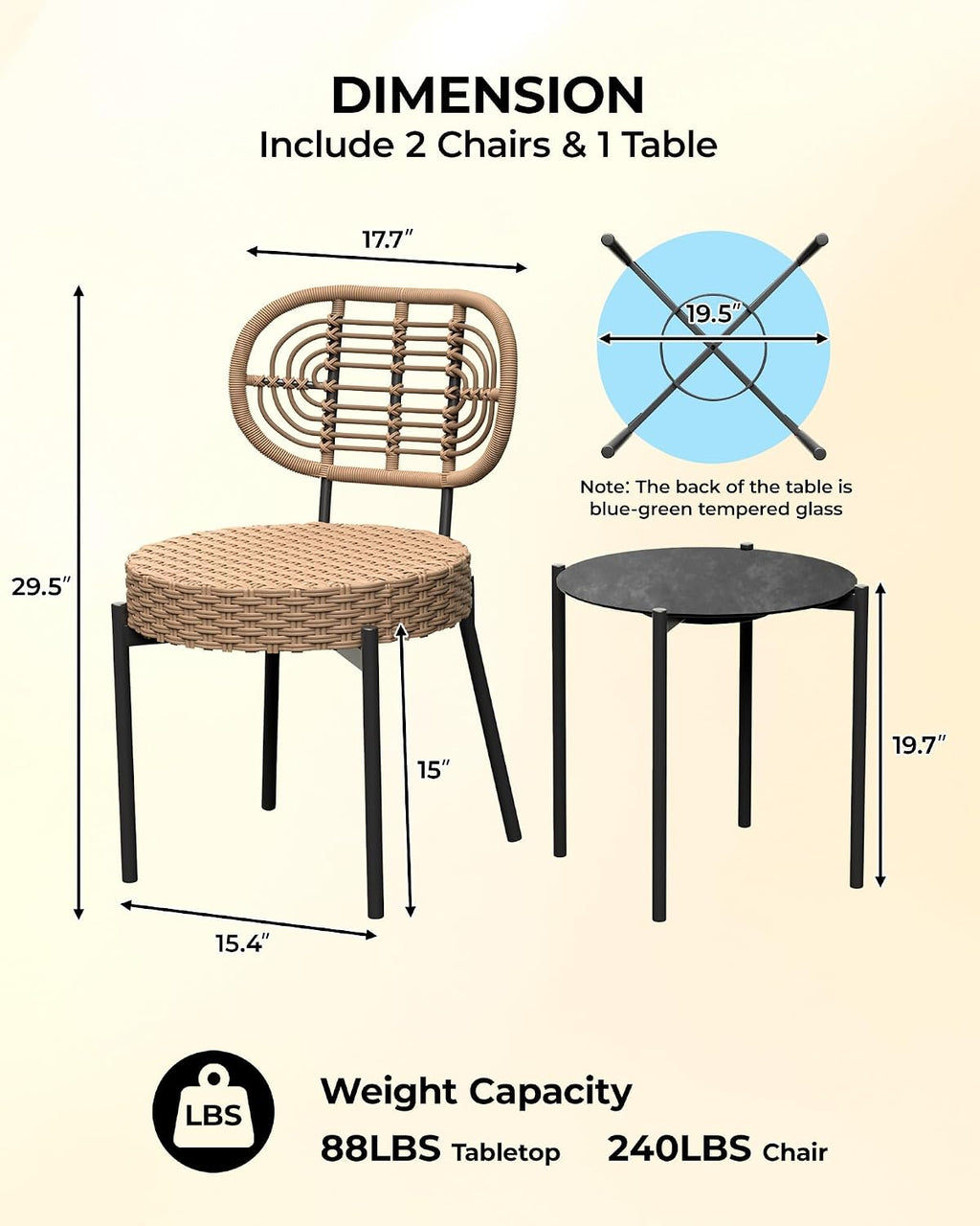 Black Brown 3pc Wicker Patio Bistro Set