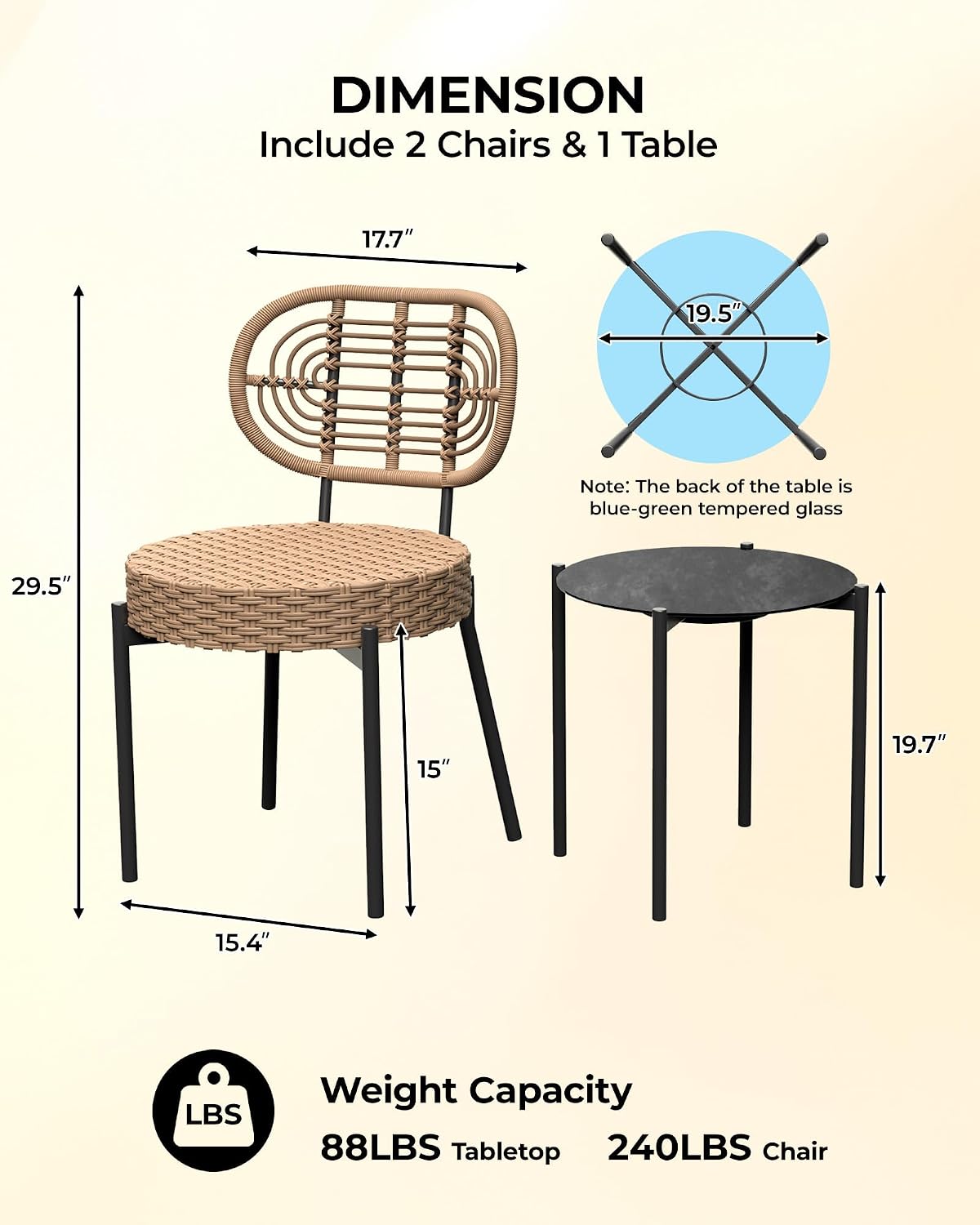 Black Brown 3pc Wicker Patio Bistro Set