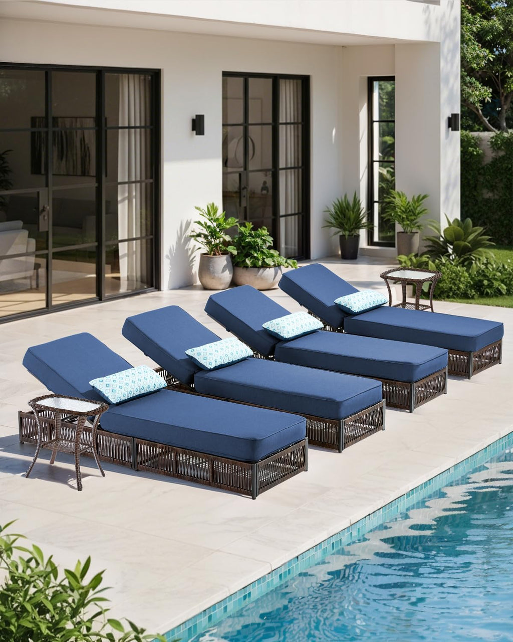 Brown Rattan Chaise Lounge With Navy Thick Cushions