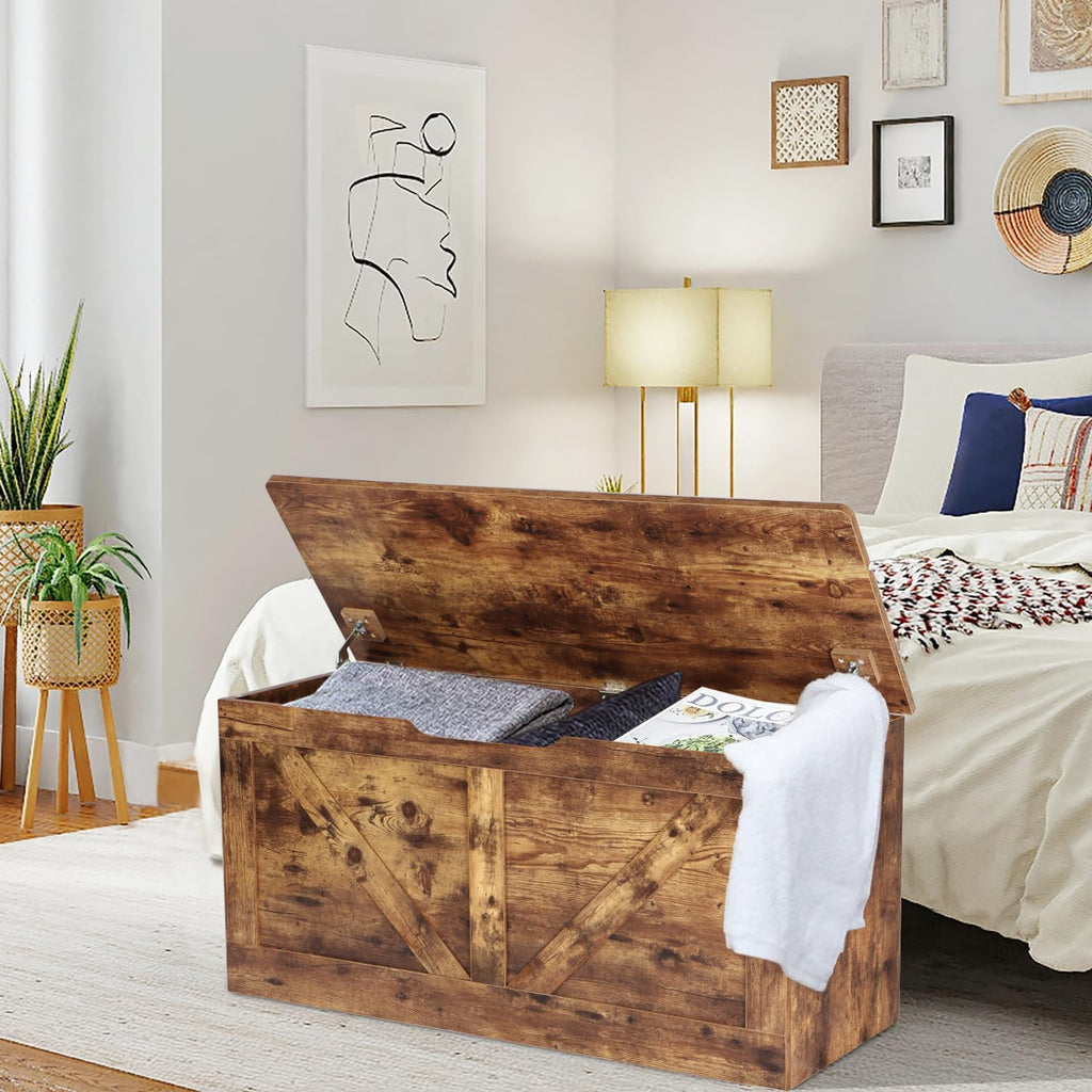 Rustic Brown Wooden Storage Bench Chest