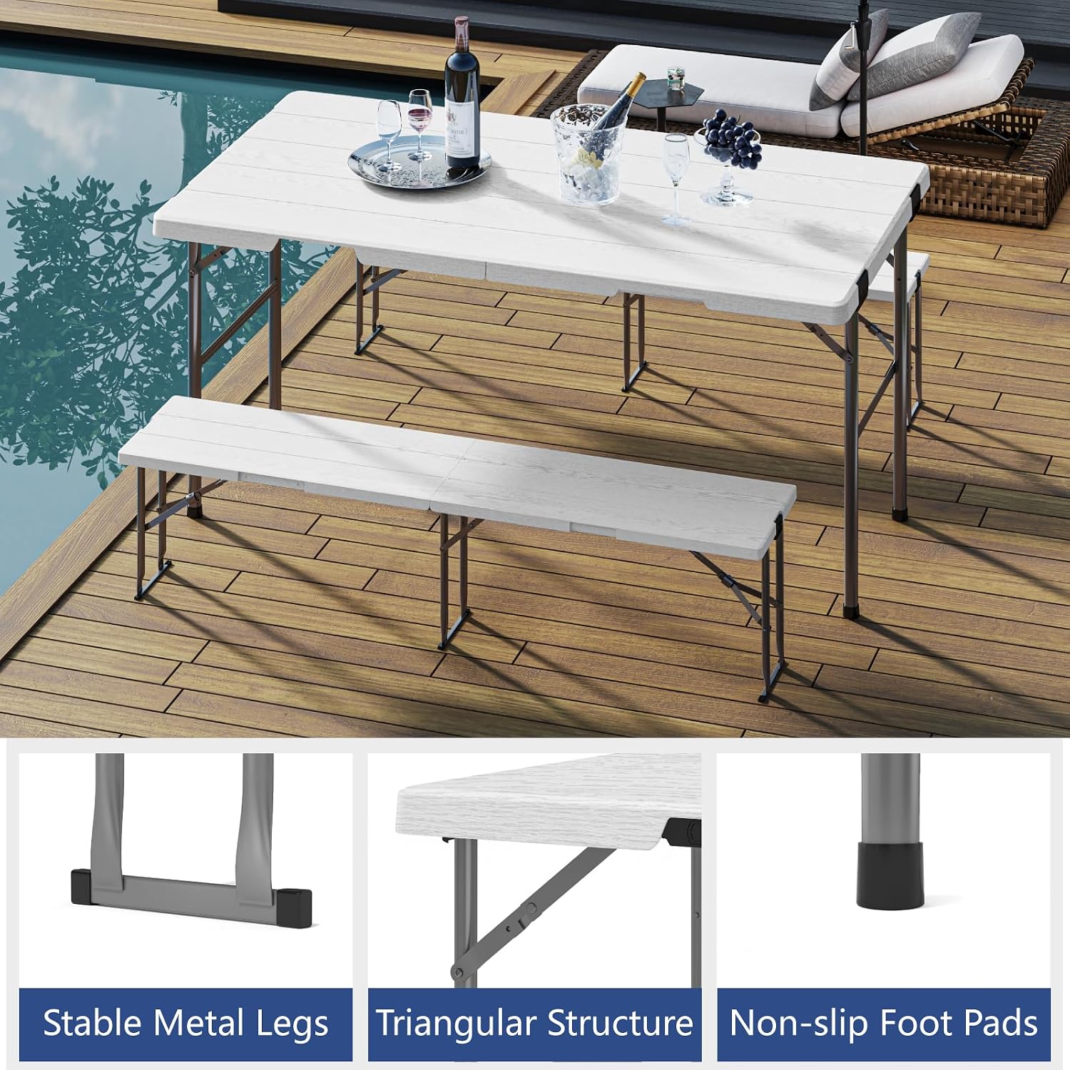 White 6FT Folding Picnic Table Bench Set