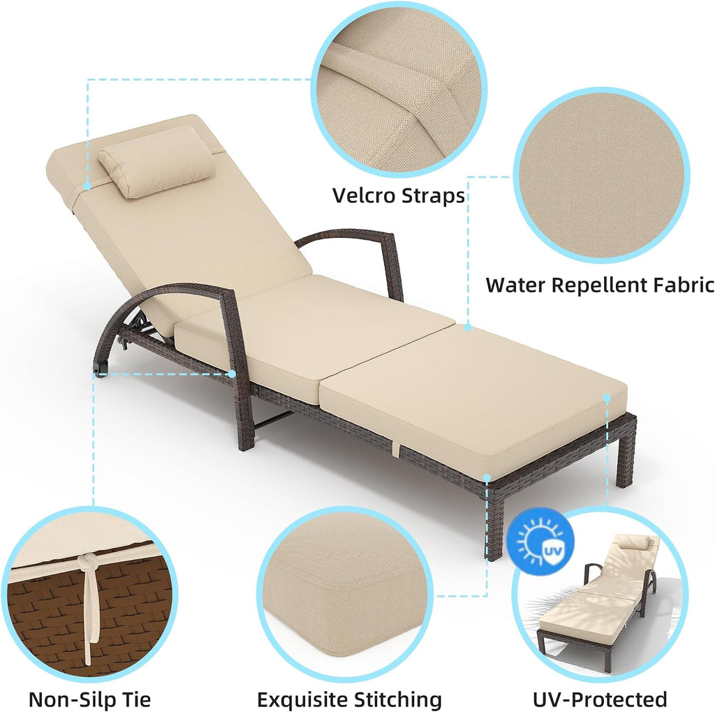 Beige 2-Pack PE Rattan Adjustable Pool Chaise Lounge
