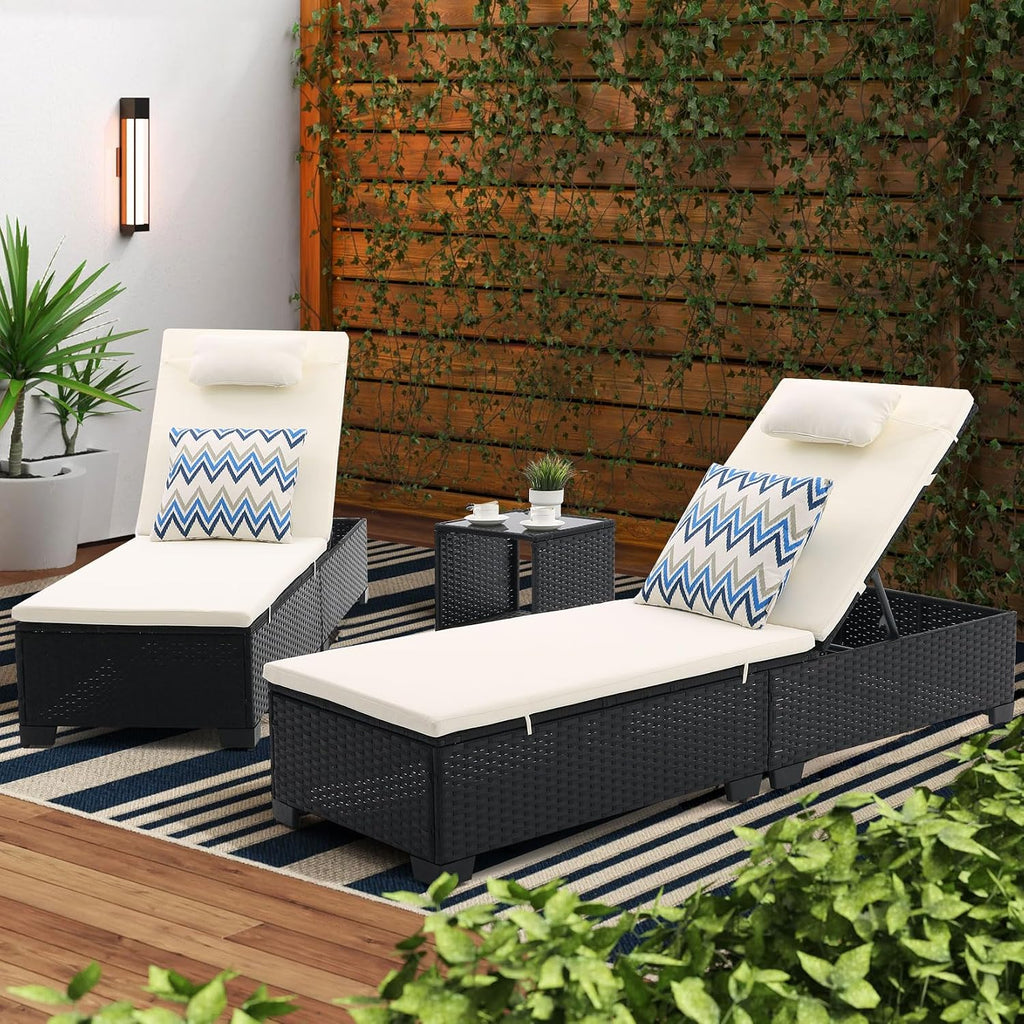 Black PE Rattan 3-Pack Chaise Lounge With Side Table