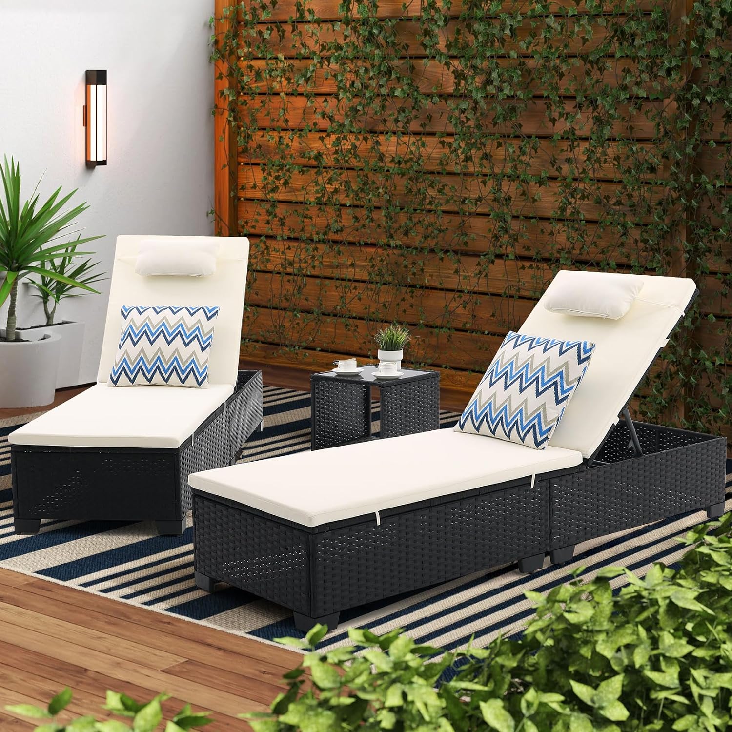 Black PE Rattan 3-Pack Chaise Lounge With Side Table