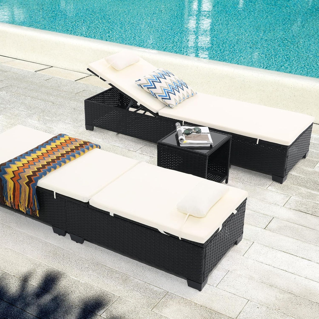 Black PE Rattan 3-Pack Chaise Lounge With Side Table