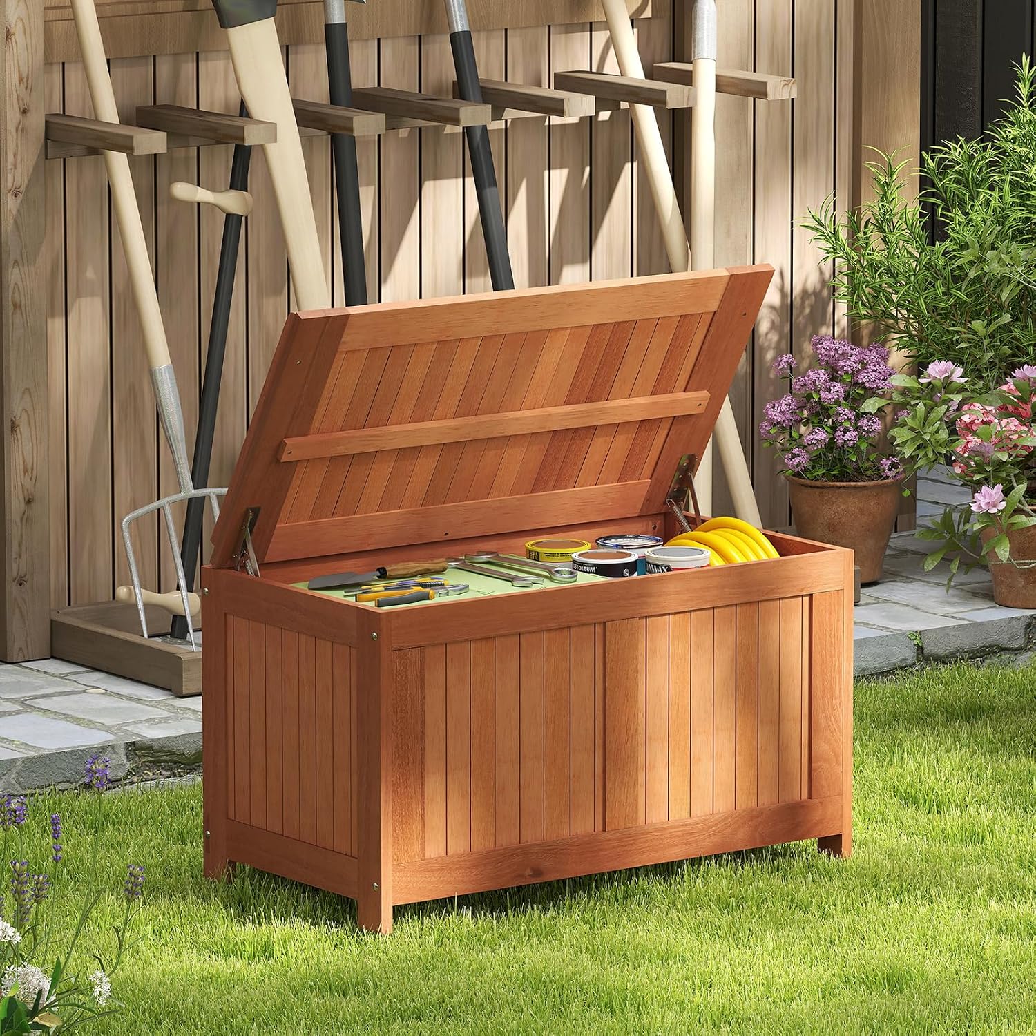 52 Gallon Flip Top Wood Outdoor Storage Bench