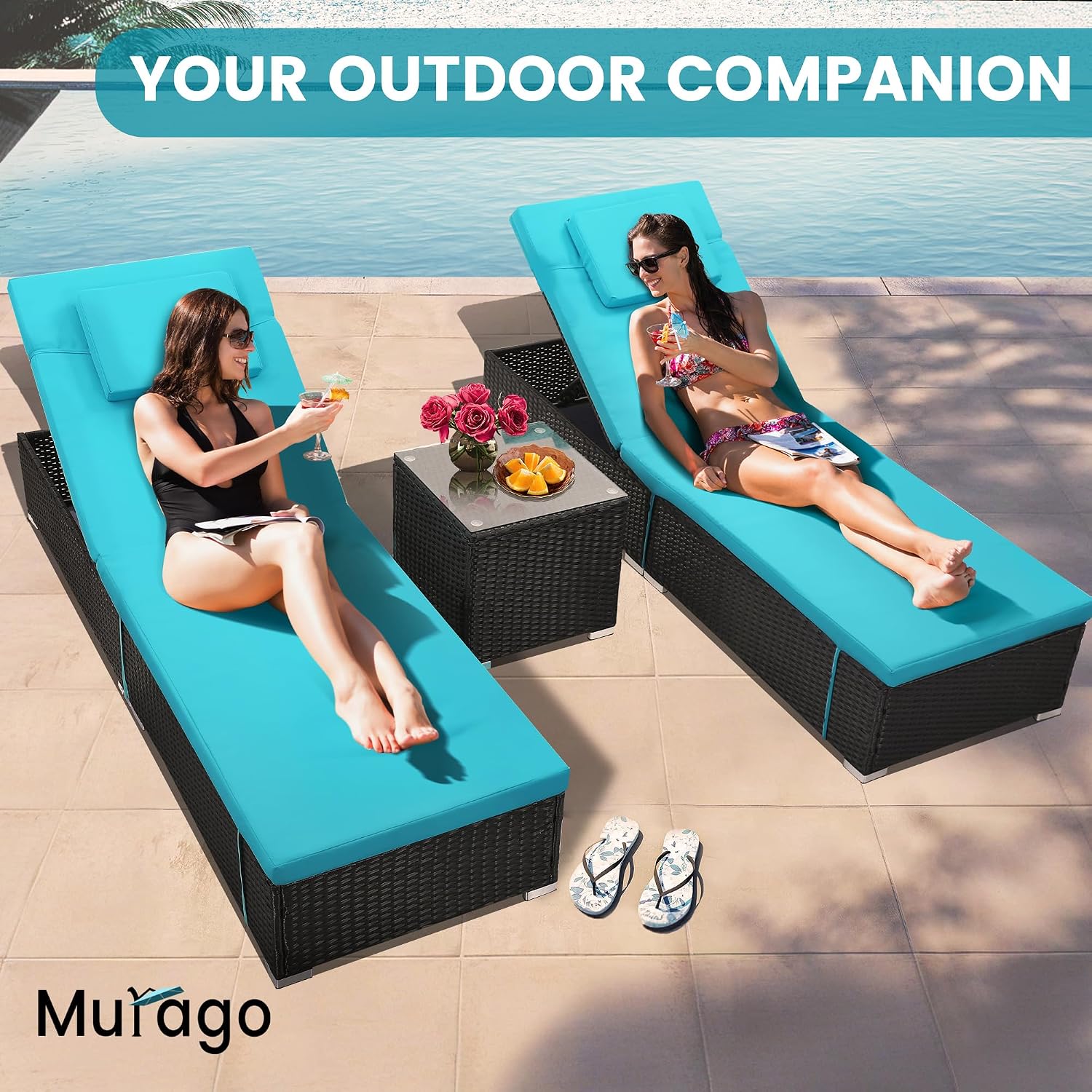 Light Blue 2-Pack Wicker Chaise Lounge With Side Table