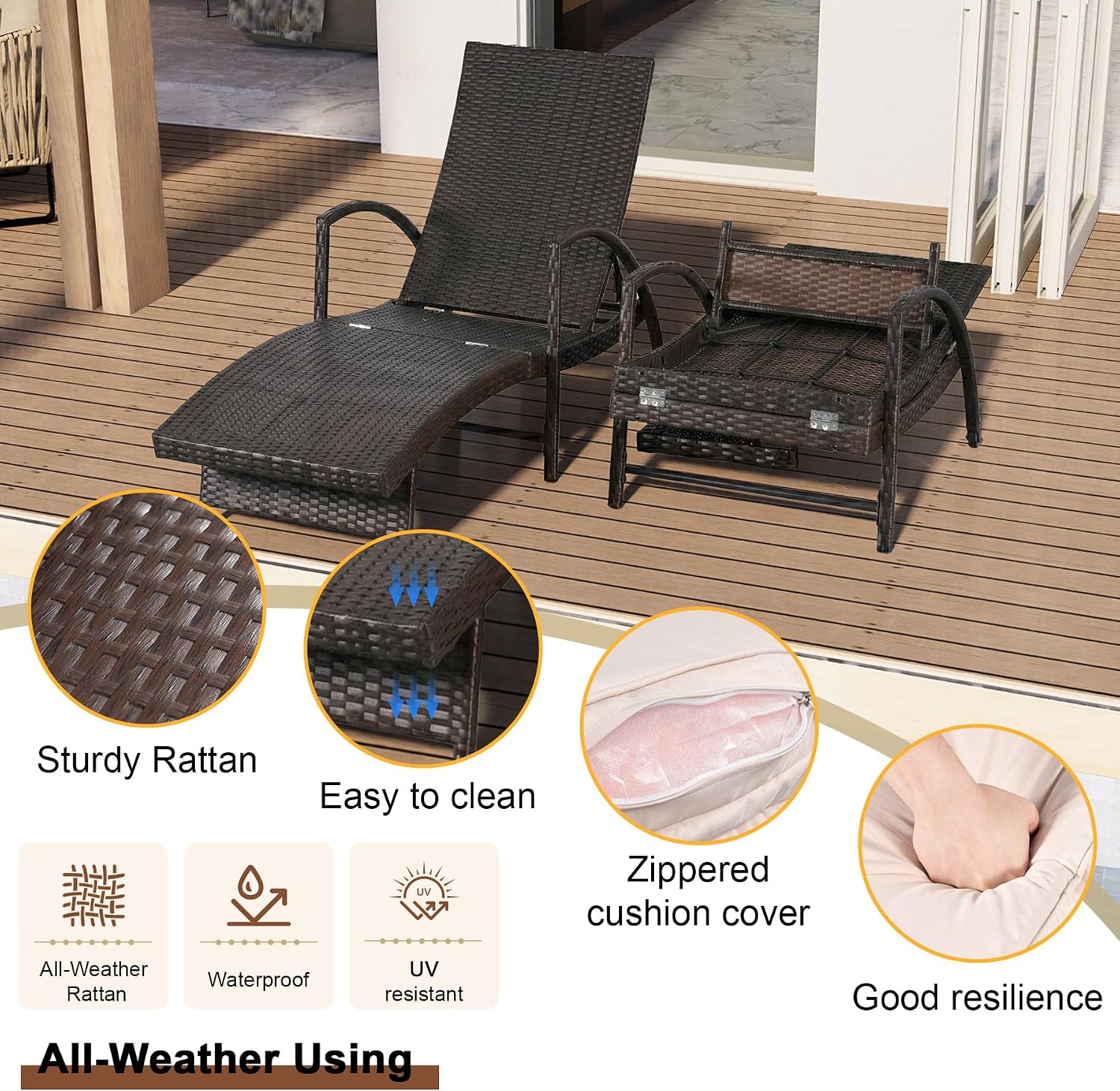 2pc Beige Wicker Chaise Lounge With Side Table