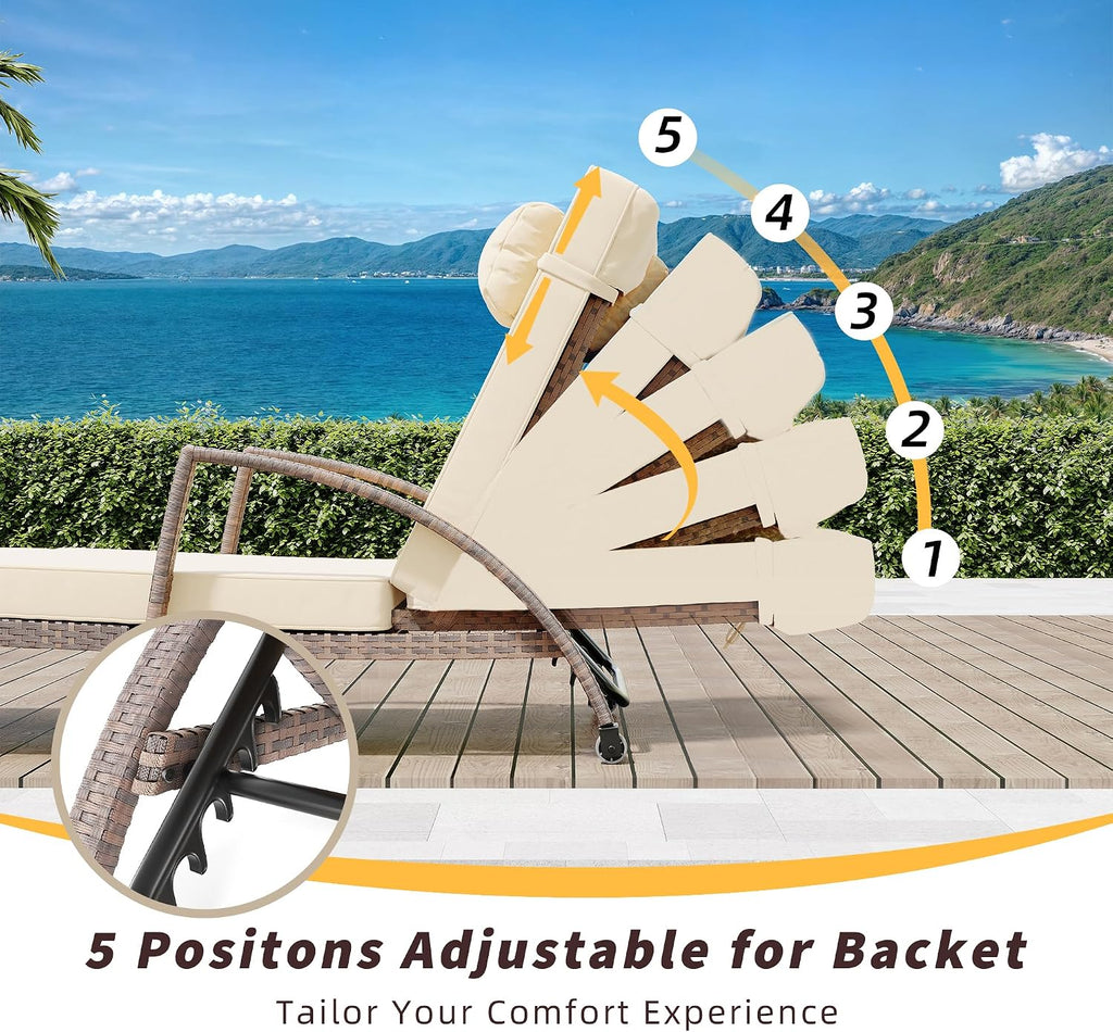Beige 2-Pack PE Rattan Adjustable Pool Chaise Lounge