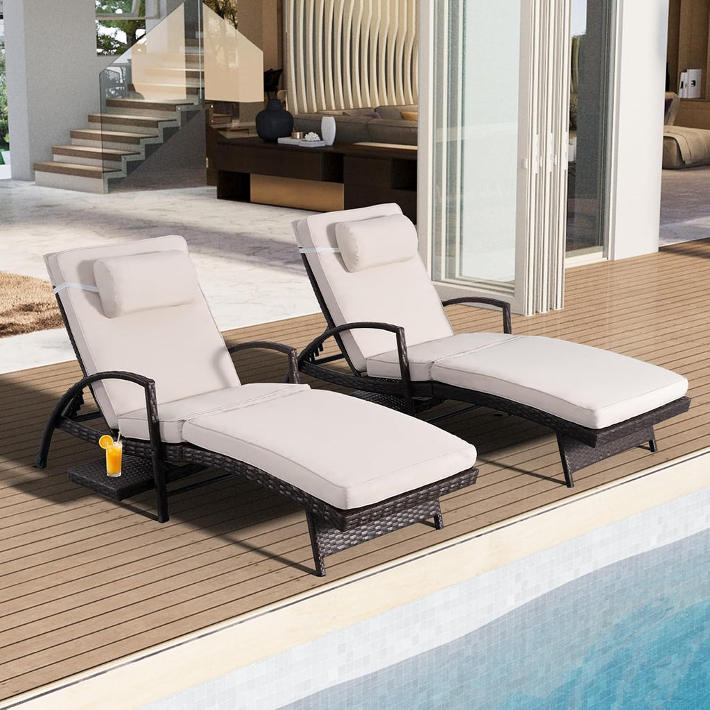 2pc Beige Wicker Chaise Lounge With Side Table