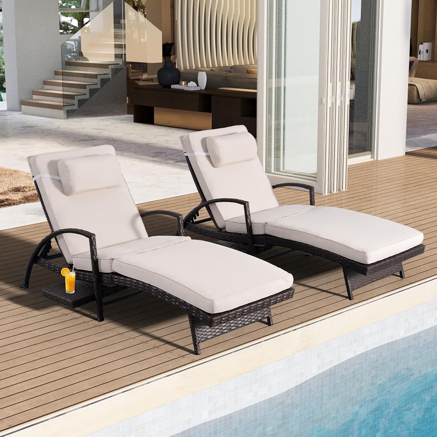 2pc Beige Wicker Chaise Lounge With Side Table