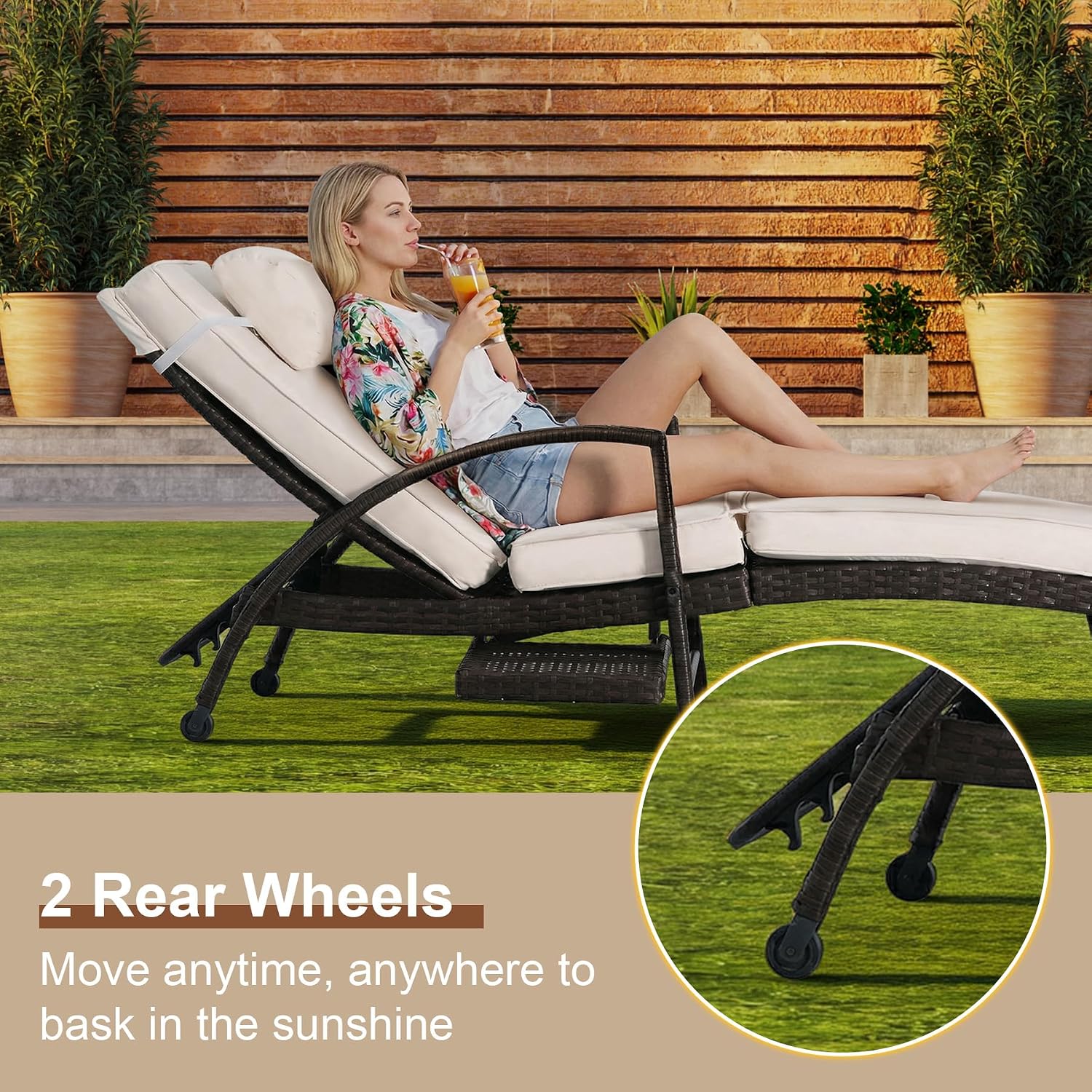 2pc Beige Wicker Chaise Lounge With Side Table