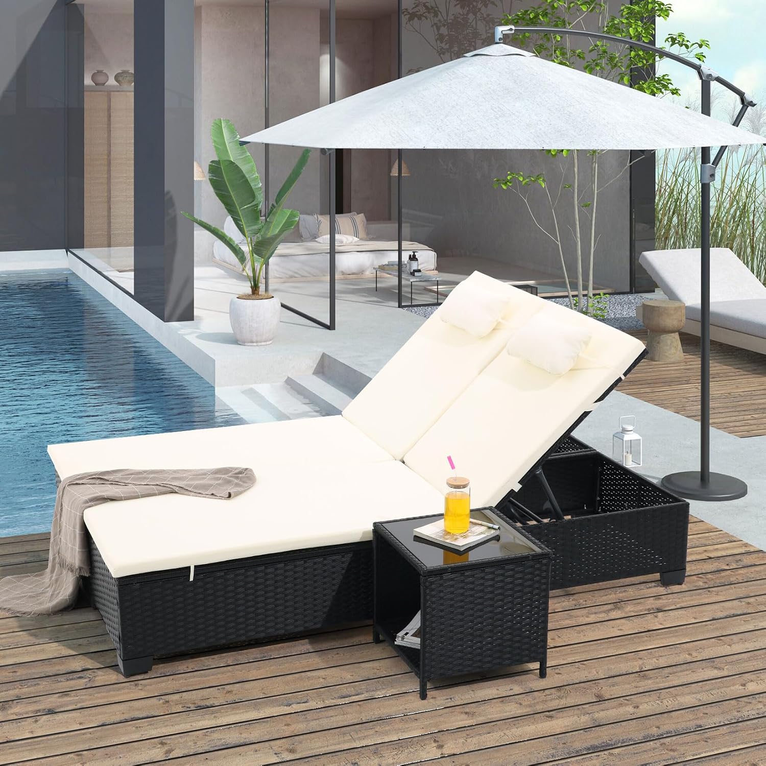 Black PE Rattan 3-Pack Chaise Lounge With Side Table