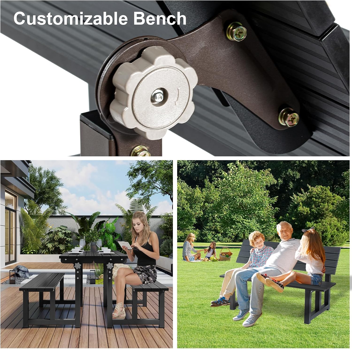 Black Convertible Aluminum Picnic Table Bench