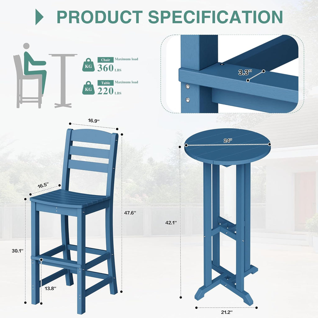 Blue HDPE Bar Height 3pc Patio Set