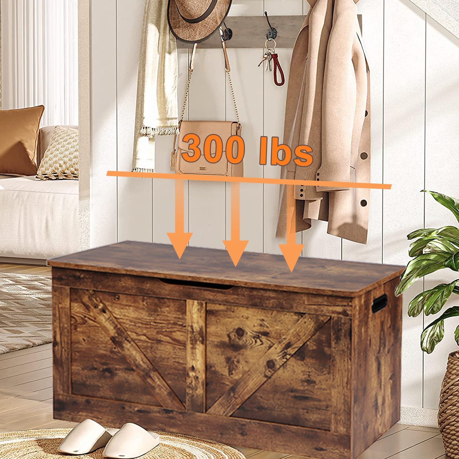 Rustic Brown Wooden Storage Bench Chest
