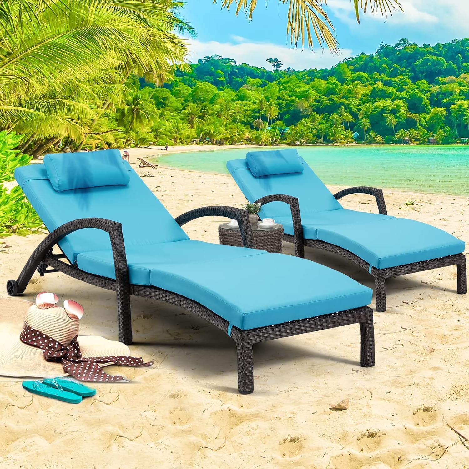 Blue 2-Pack PE Rattan Adjustable Outdoor Chaise Lounge