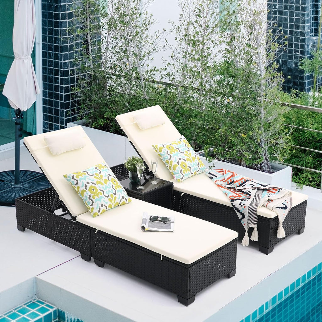 Black PE Rattan 3-Pack Chaise Lounge With Side Table