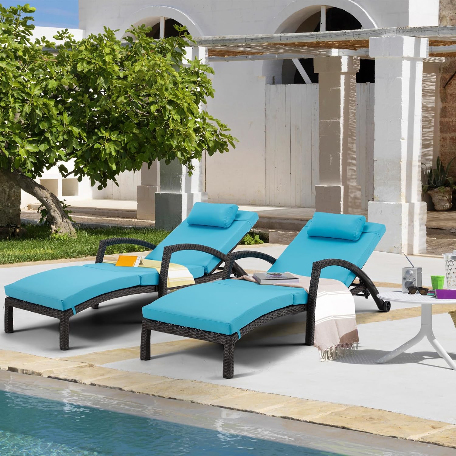 Blue 2-Pack PE Rattan Adjustable Outdoor Chaise Lounge
