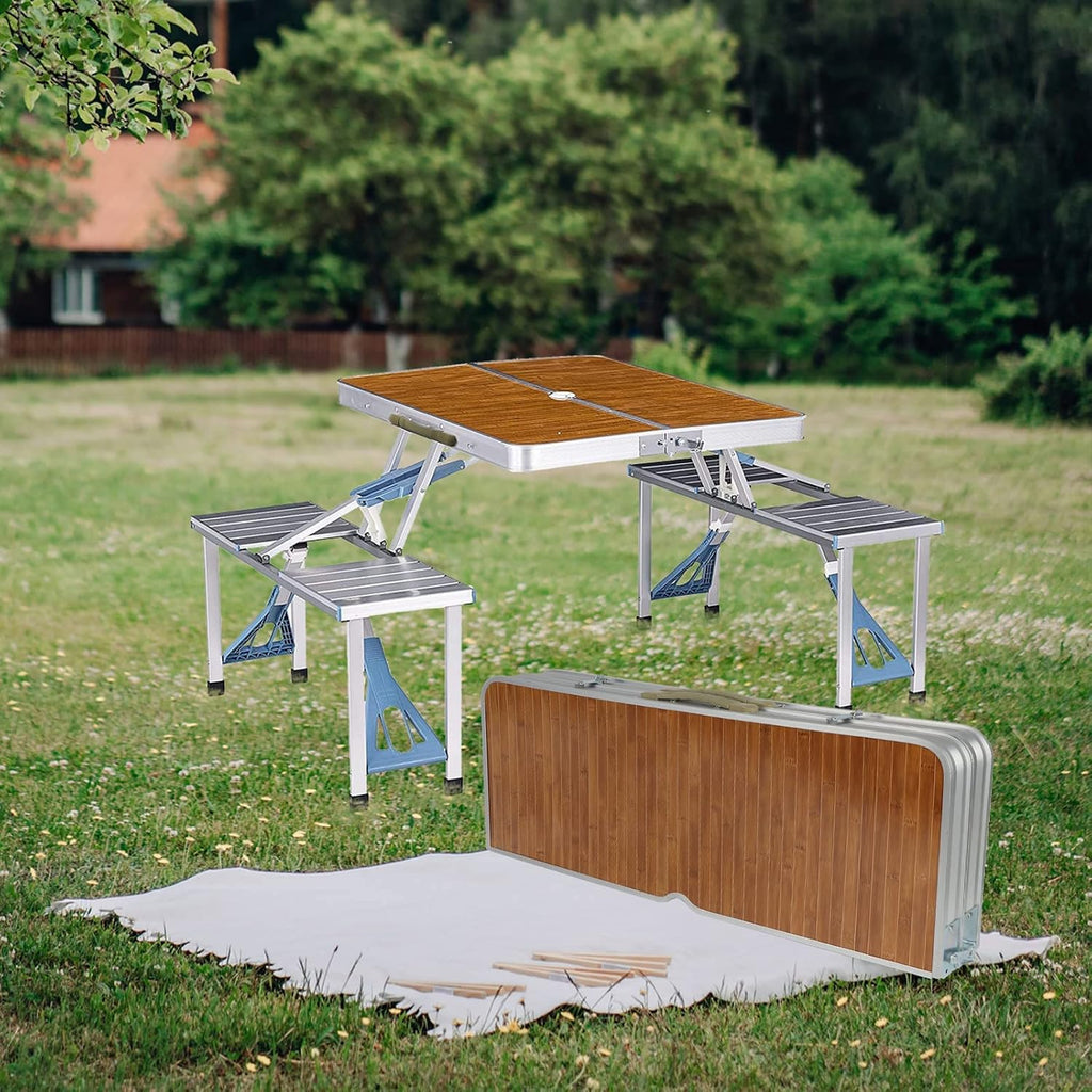 Silver Bamboo Aluminum Folding Picnic Table For 4 People