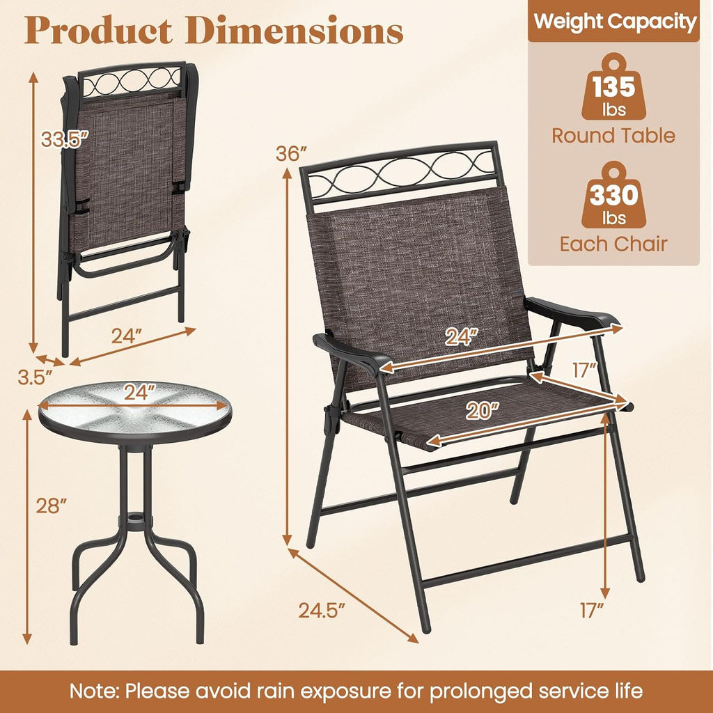 3pc Folding Glass Top Patio Bistro Set