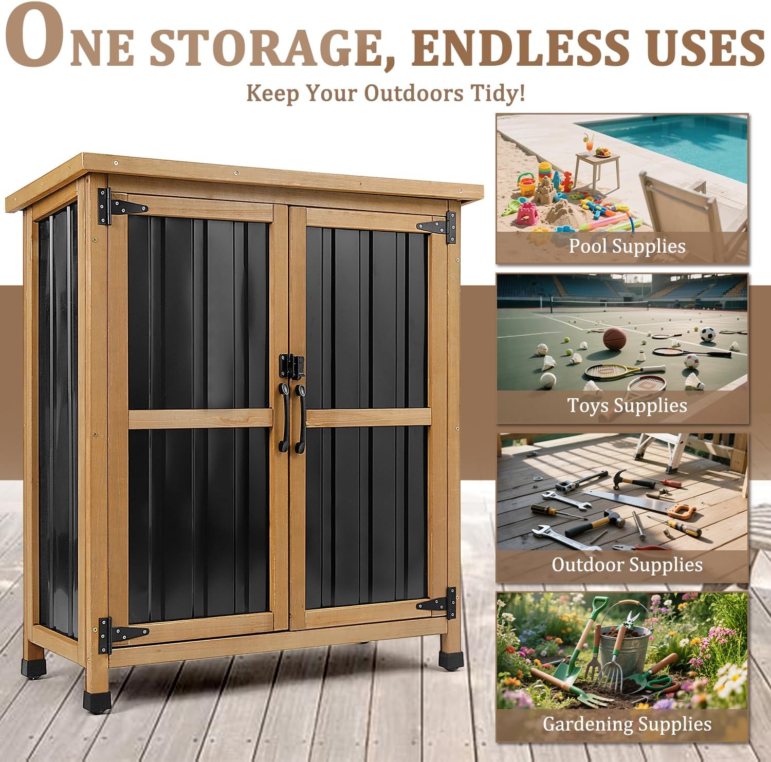 Wood Metal Lockable Outdoor Storage Cabinet
