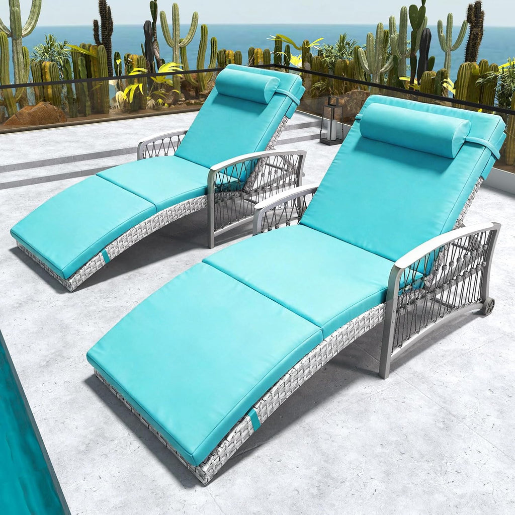 2pc Wicker Chaise Lounge With Wheels Cushions